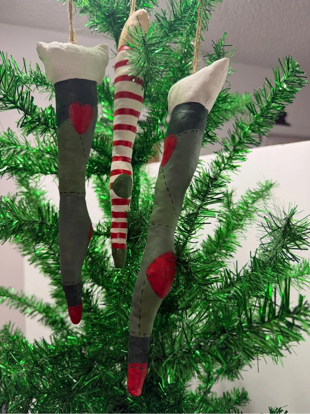 Elf Leg Christmas Hanging Bauble Ornaments 11” Long Set Of 3 Multicolor Striped
